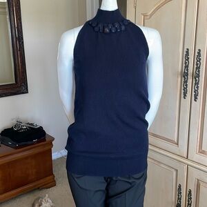 Vince Navy Blue Embellished Mock Neck Sleeveless Cashmere Sweater NWOT XS